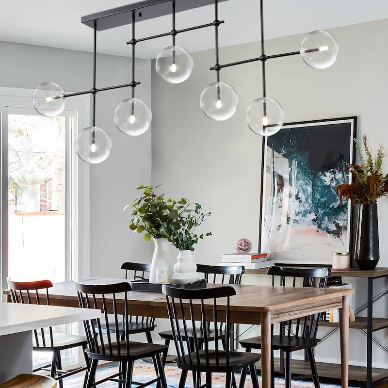 Glass Globe 7-Light Chandelier 57.5" Orb Linear Kitchen Island Lights in Black or Gold