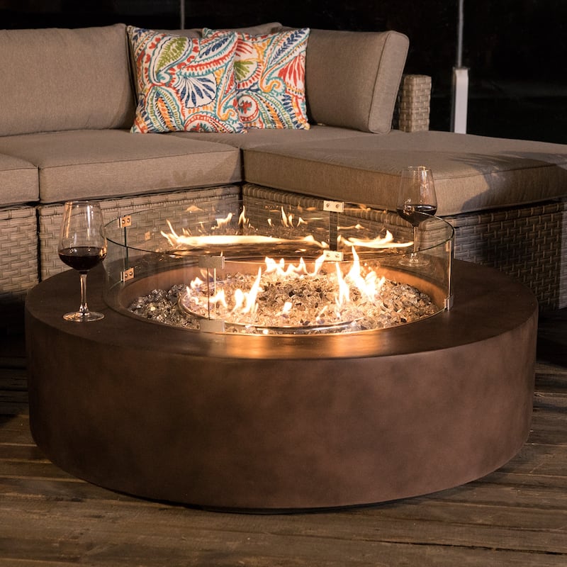 COSIEST Ecru Round Outdoor Propane Fire Pit with Wind Guard