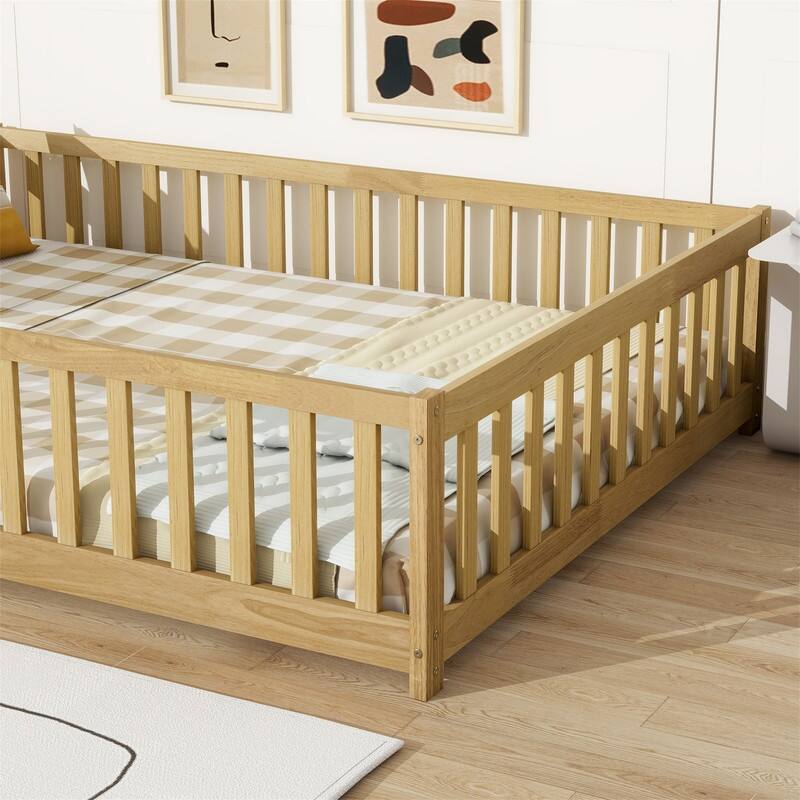 Twin/Full/Queen Size Floor Bed with Fence Guardrails and Door, Rubber Wood Toddler Bed Montessori Bed with Slats Support