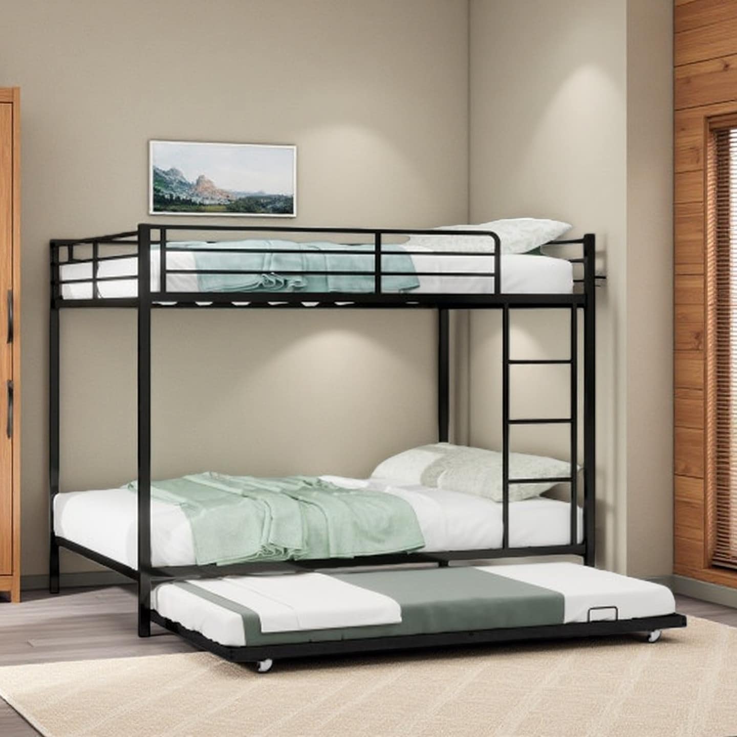 Queen Size Metal Bunk Bed with Safety Rails, Multi-Level Twin Over Full and Rolling Trundle, Space-Saving Design
