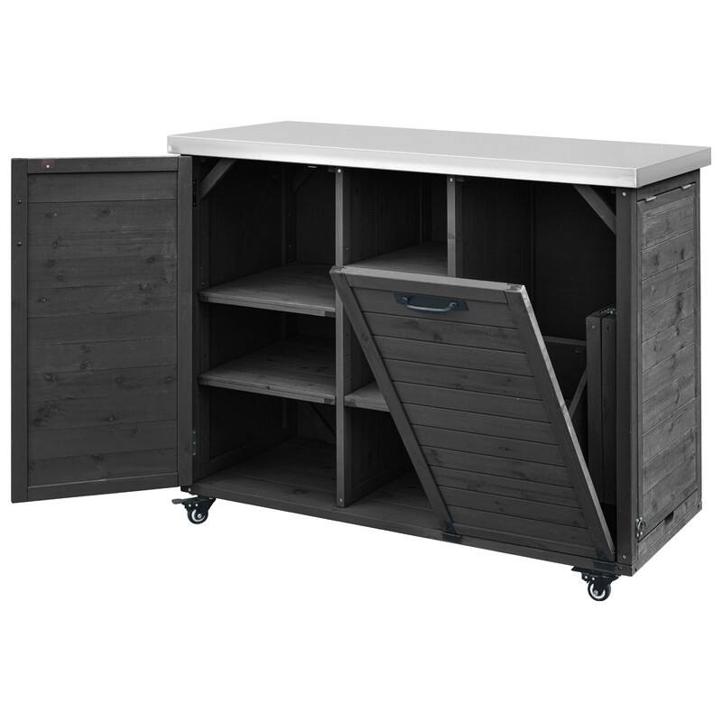 78.3" Outdoor Kitchen Island with Extendable Table, Trash Can Storage and Stainless Steel Top for BBQ Cooking