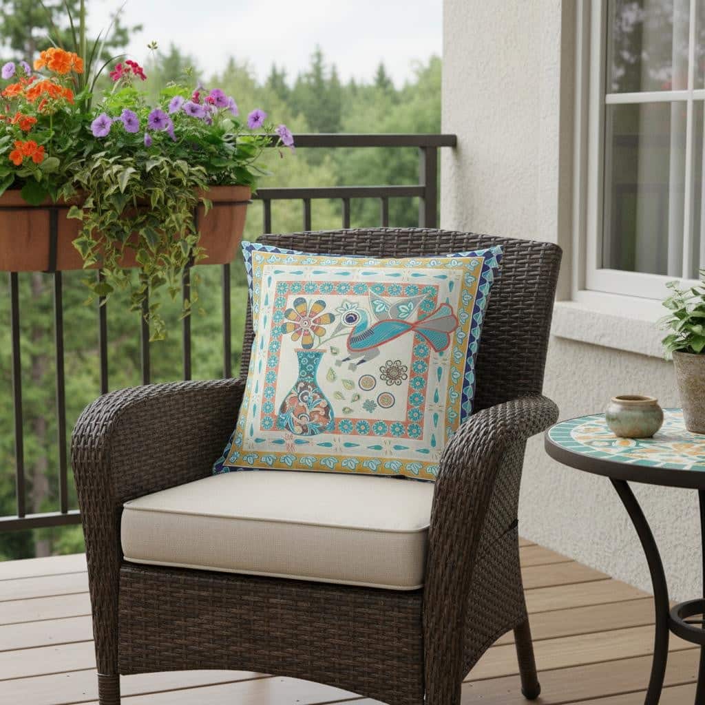 HomeRoots 18" x 18" Blue and Beige Peacock Blown Seam Floral Indoor Outdoor Throw Pillow - 18.00' X '5.00' X '18.00
