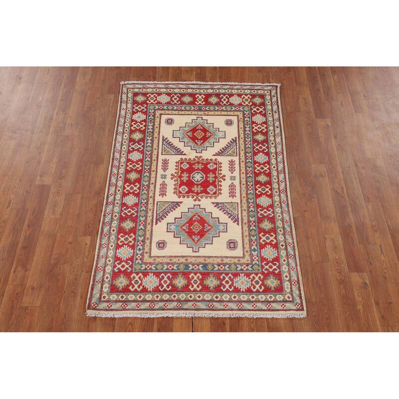 Beige / Ivory Kazak Accent Rug Hand-Knotted Geometric Wool Carpet - 3'11" x 4'11"