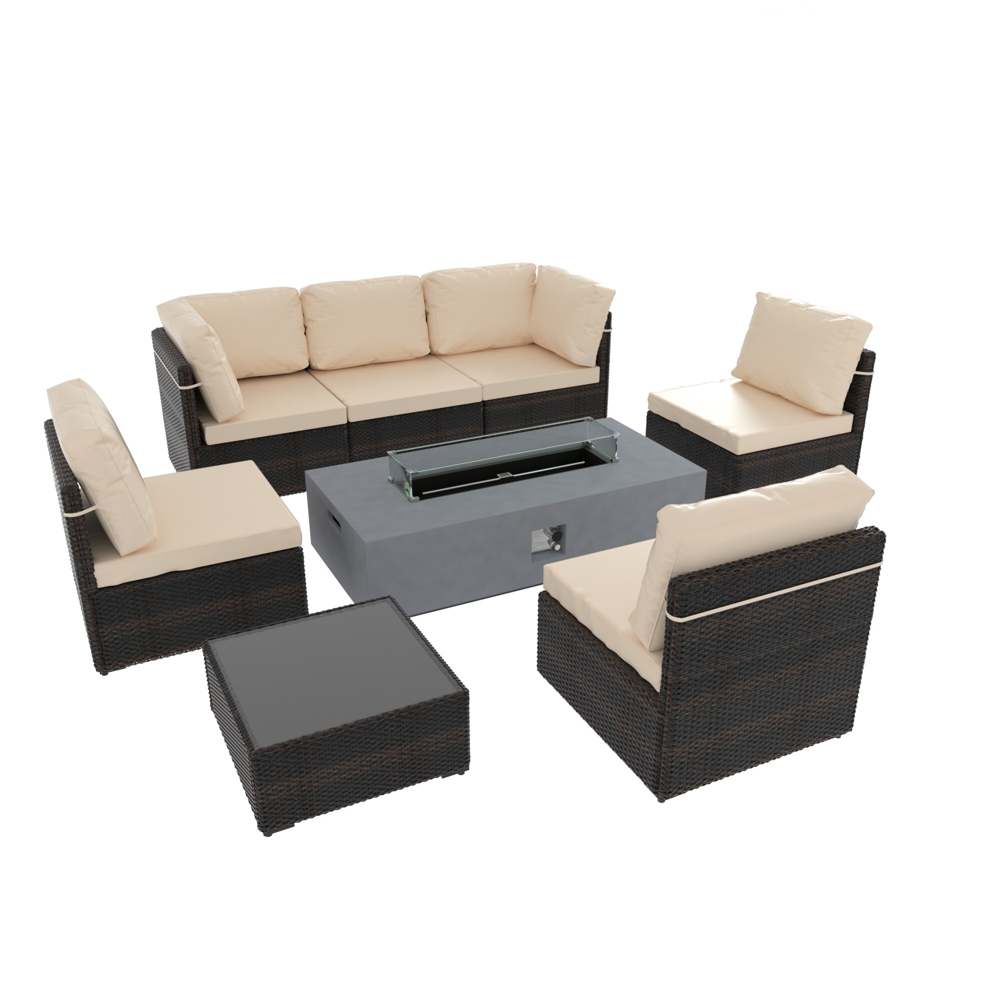 SOLAURA 8-Piece Outdoor Patio Furniture Sofa Set with 45-inch Propane Gas Fire Pit Table, Grey Rattan Wicker 6-Seater Sectional Conversation Set with SOLAURA 8-Piece Outdoor Patio Furniture Sofa Set with 45-inch Propane Gas Fire Pit Table, Grey Rattan Wicker 6-Seater Sectional Conversation Set with