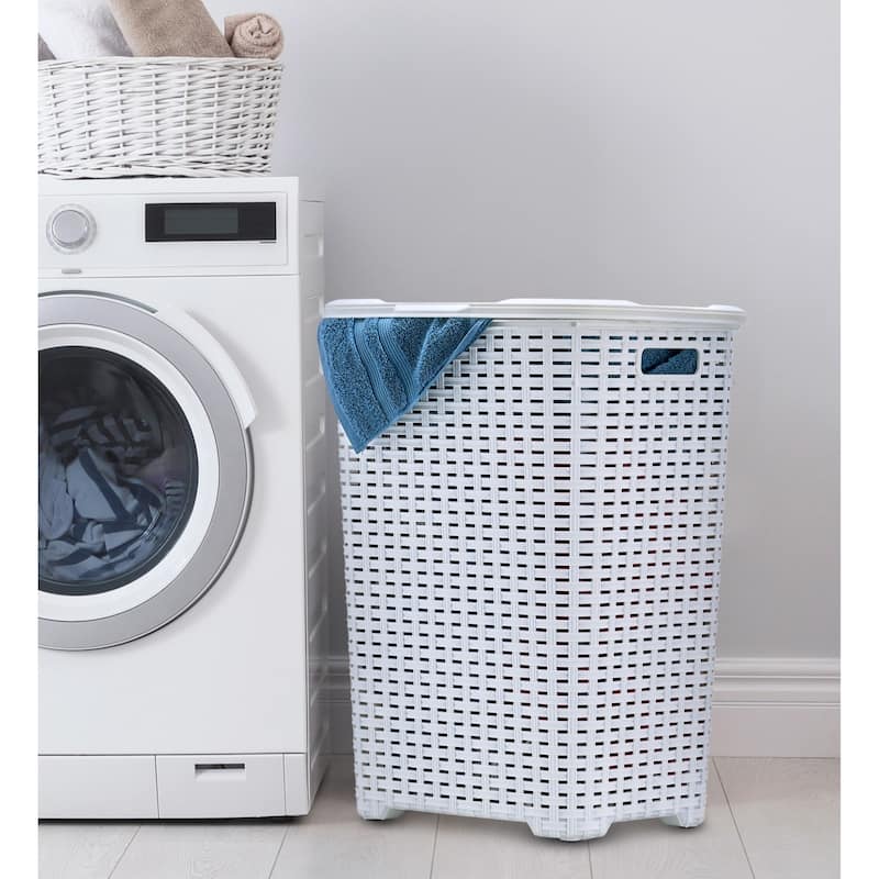 Superio Plastic Wicker Laundry Hamper with Lid Large Capacity - Capacity: 60l - White