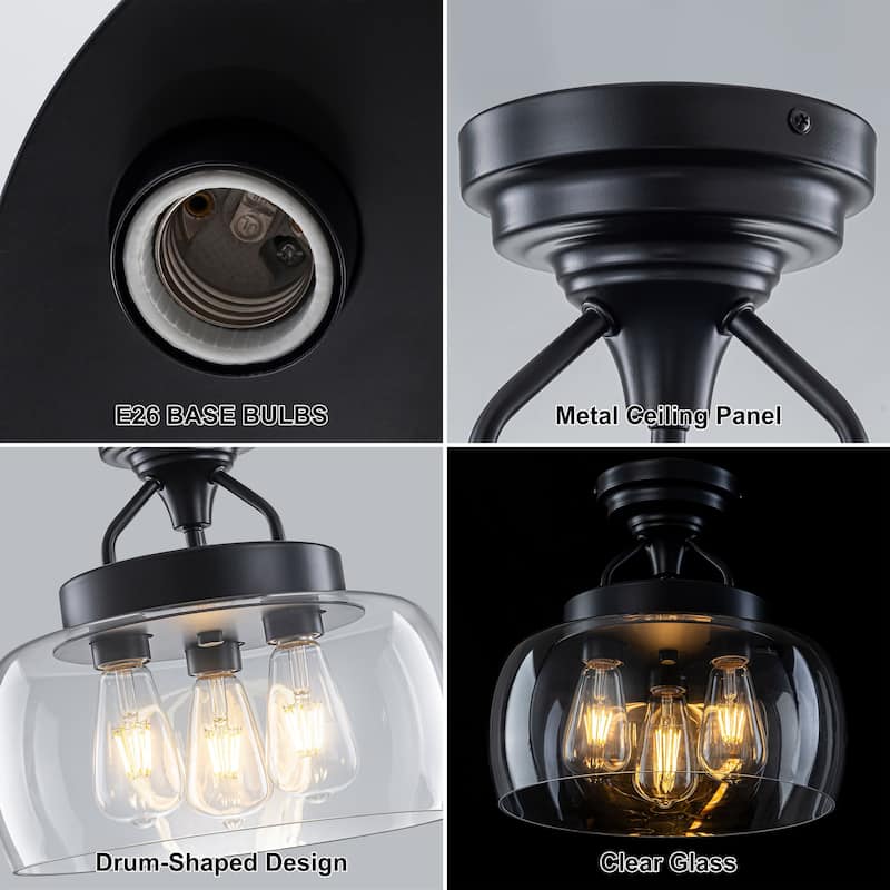 Starsky 3-Light Modern Clear Glass Dome Flush Mount Ceiling Light, Thick One-Piece Drum Shade
