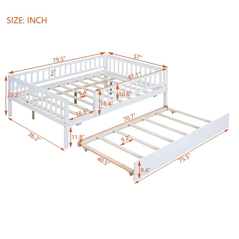 Wooden Twin/Full Daybed with Trundle and Fence Guardrails, No Box Spring Needed