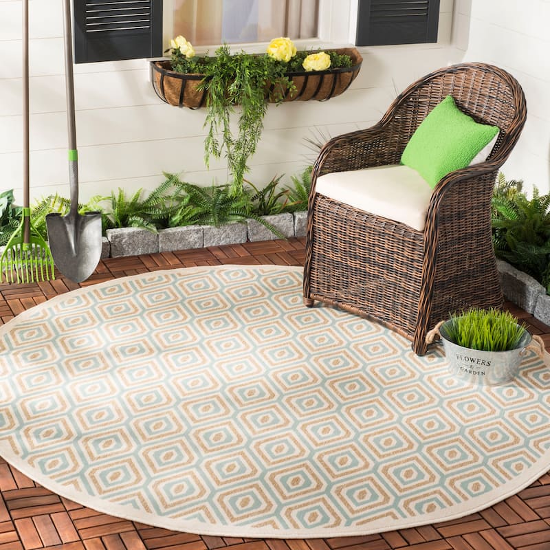 SAFAVIEH Veranda Bergþora Indoor/ Outdoor Waterproof Patio Backyard Rug - 6'7" Round - Cream/Aqua