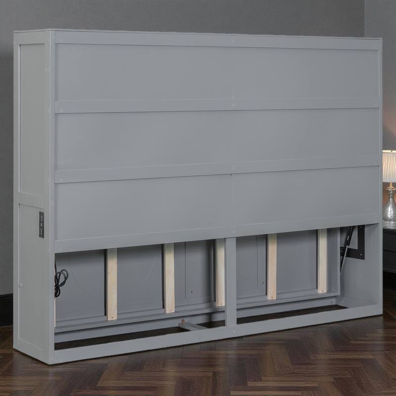 Full/Queen Size Murphy Wall Bed with Cabinet, Space-Saving Fold-Out Bed with Slat Support, No Box Spring Needed