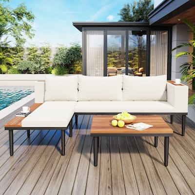 Outdoor L-Shaped Sectional Sofa Set with Coffee Table, Patio Acacia Wood Conversation Sofa Set for Backyard Porch