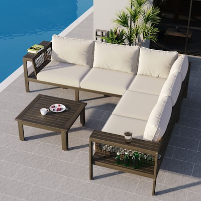 4 Pieces Outdoor Acacia Wood Sofa Set, L-Shaped Patio Furniture Sofa Set with Coffee Table, Conversation Set with Cushions