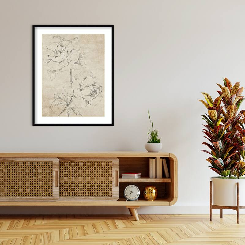 Rose Sketch Sepia by Patricia Pinto Wood Framed Wall Art Print