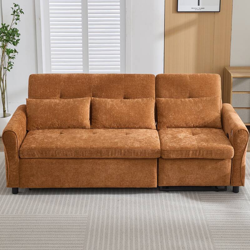 82″ Chenille 2-in-1 Sofa Bed with Adjustable Backrest, Reversible Chaise & USB Ports