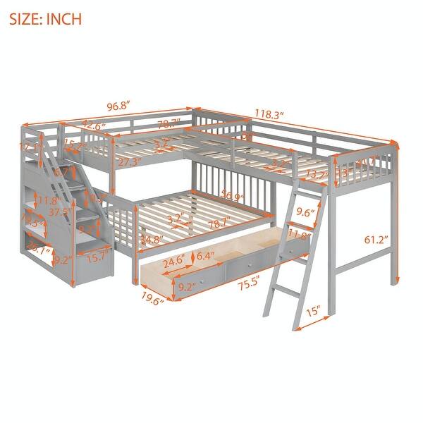 dimension image slide 0 of 3, Twin over Full L-Shaped Bunk Bed with Ladder, Staircase, and 3 Drawers