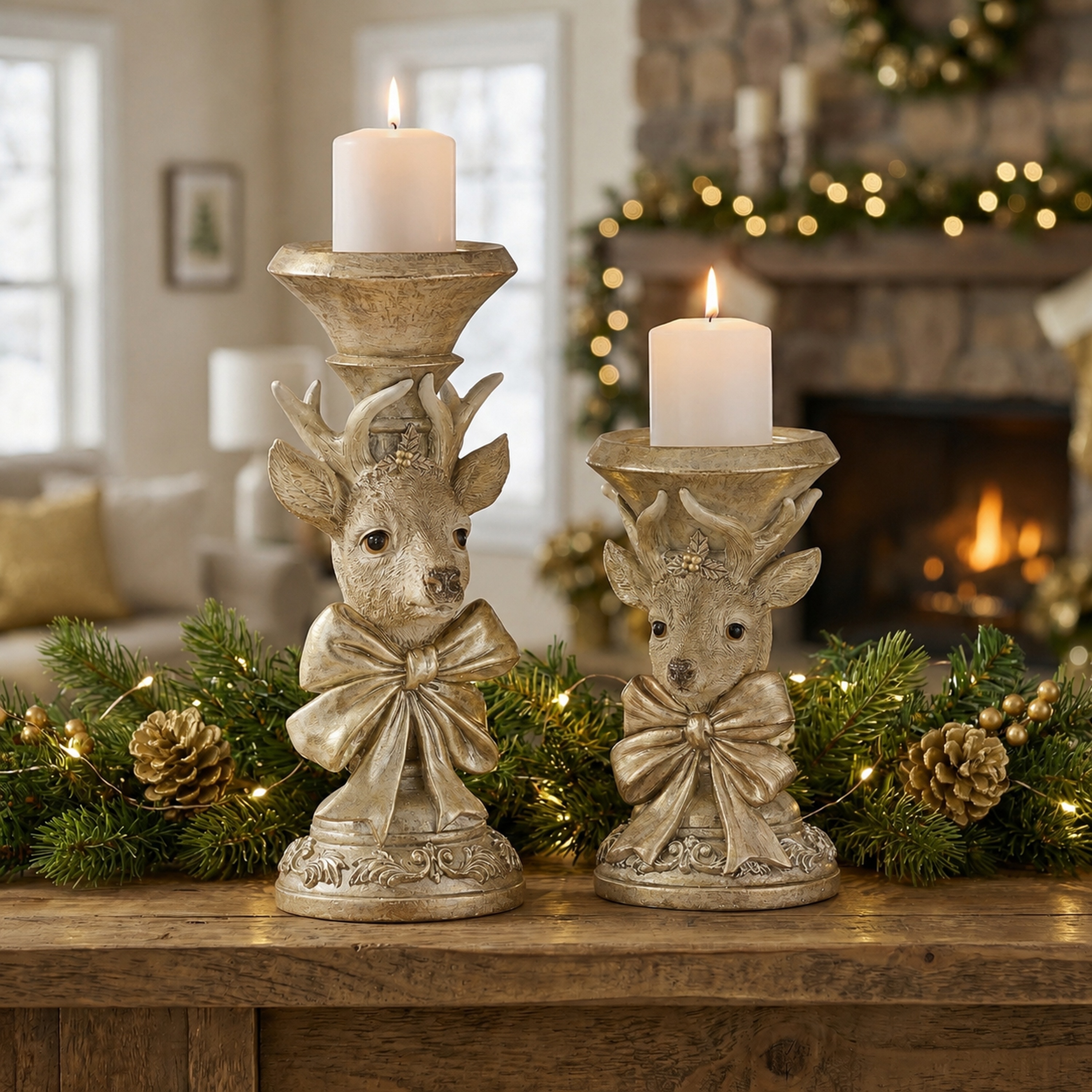 9-12" Resin Deer Head with Bow Candle Holder Set of 2