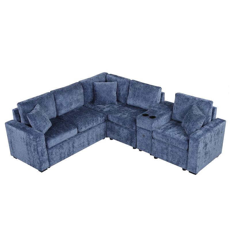 120.5" Chenille L-Shaped Convertible Sofa Bed with Pull-Out Bed, Storage Ottoman & Cup Holders