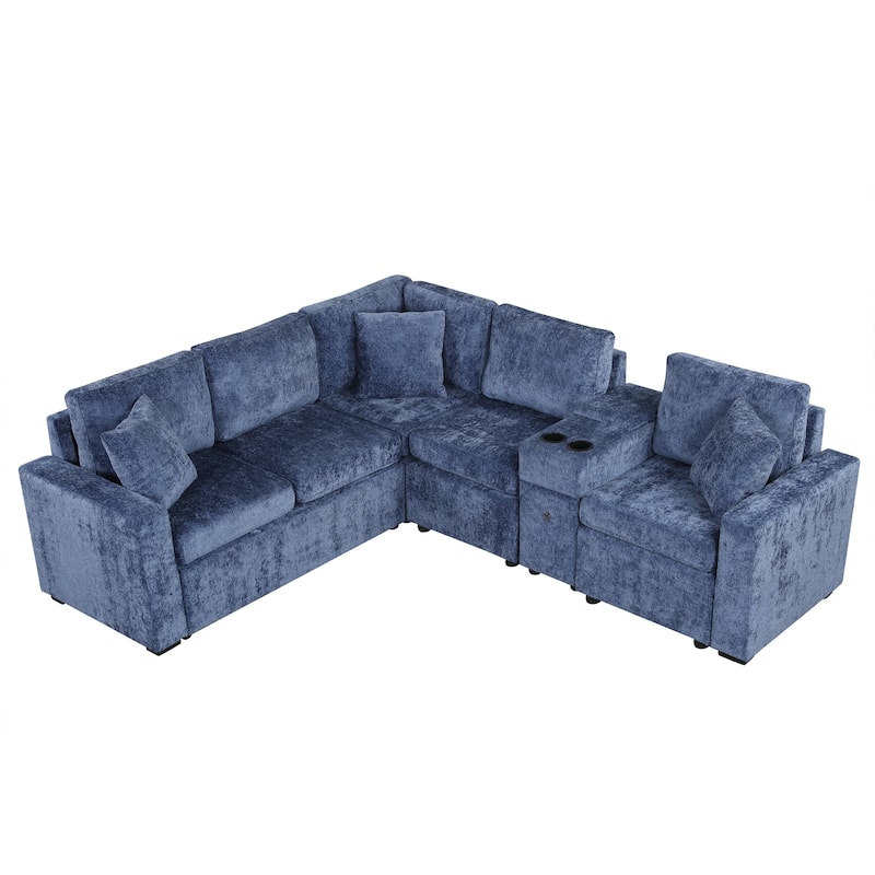 L-Shaped Modular Sectional Sofa with Pull-Out Bed, Chenille Convertible Sleeper Sofa Bed with Cup Holders & Multiple Storage