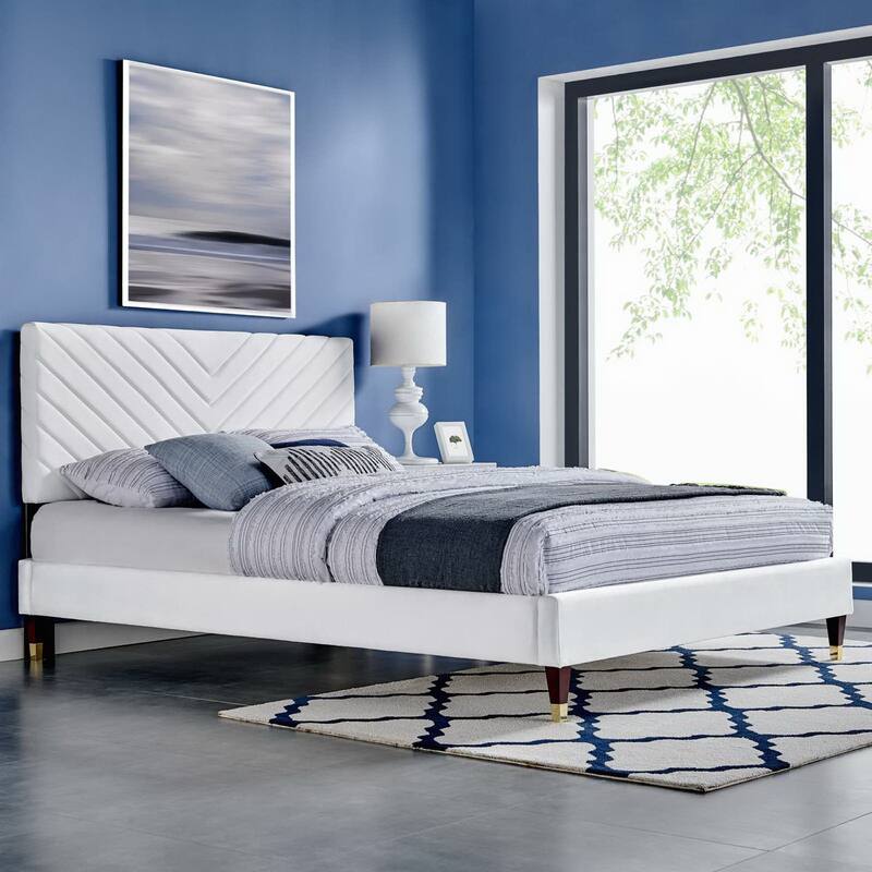 Roxanne Performance Velvet Platform Bed With Wood and Gold Legs - White