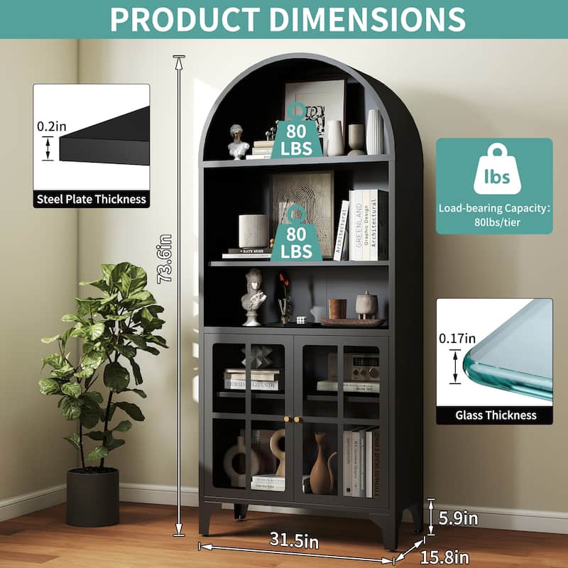 73.6-Inch Arched Metal Storage Display Cabinet with Adjustable Shelves