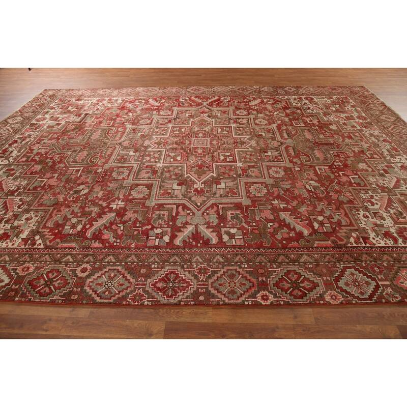 Red Geometric Heriz Persian Vintage Rug Handmade Oriental Wool Carpet - 9'10"x 13'3"