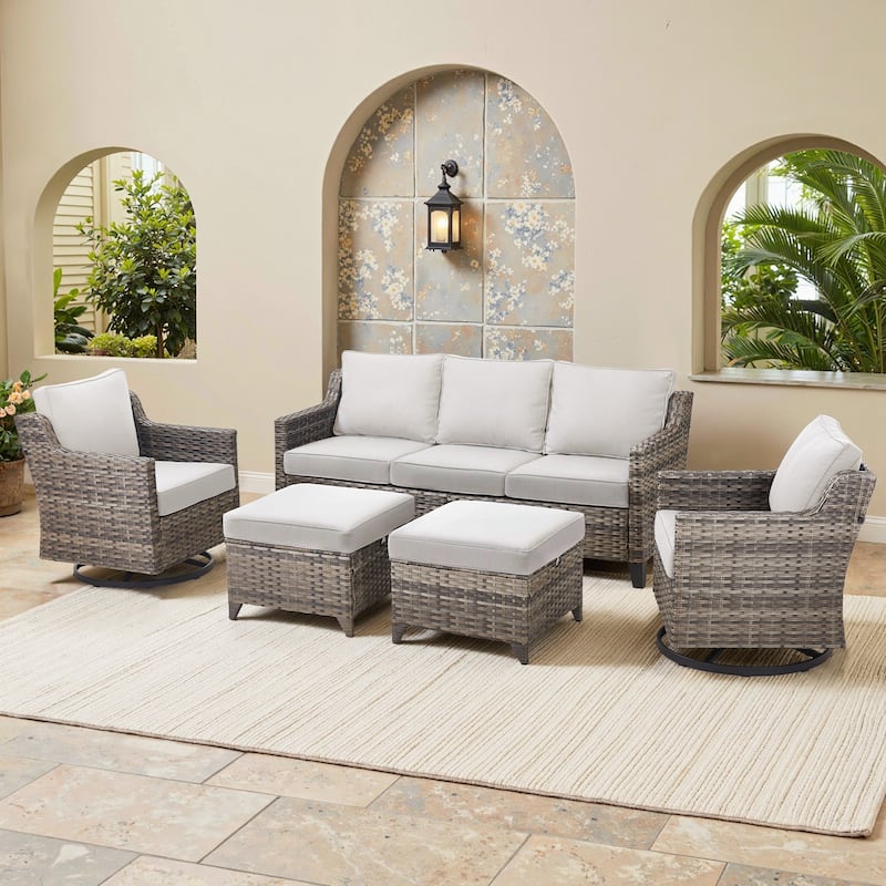 Glissia 5-Piece Gray Wicker Patio Conversation Set with Swivel Gliders and Ottomans - Beige Cushions - Gray Wicker