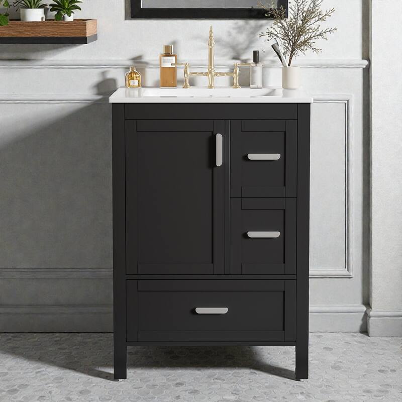 24" Bathroom Vanity with Ceramic Sink, Soft-Close Door, Double-Shelf Storage & 3 Drawers, Solid Wood Frame