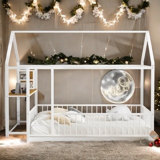 Metal House Bed Frame with Functional Desk Power Outlets and USB Ports