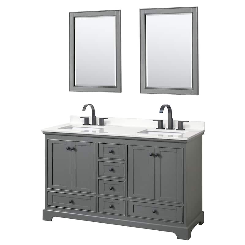 Deborah 60-inch Double Vanity, Quartz Top, 24-inch Mirrors - Dark Gray, Black Trim, White Quartz Top