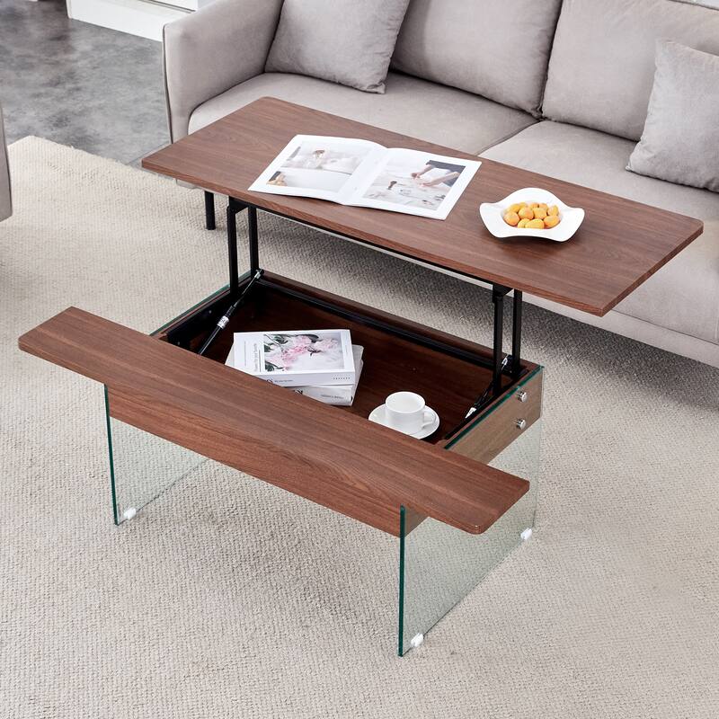 Multifunctional Lift-Top Coffee Table with Tempered Glass Legs, Rectangular Living Room Table 2-Tier Center Table