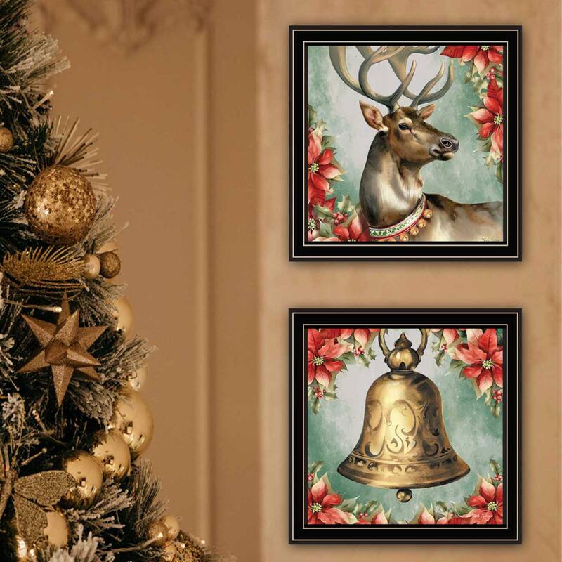 2-Piece Framed Wall Art Set - Old World Reindeer & Bell, Black Frame