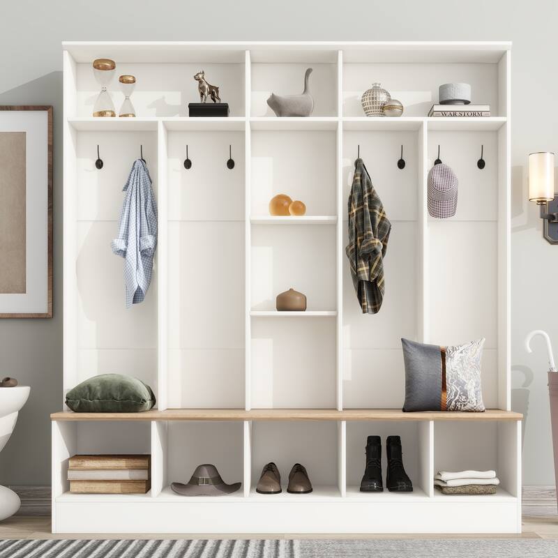 Large Hall Tree Coat Rack with Storage Bench, Modern Shoe Cabinet with Cube Storage & Shelves for Entryways, Mudroom