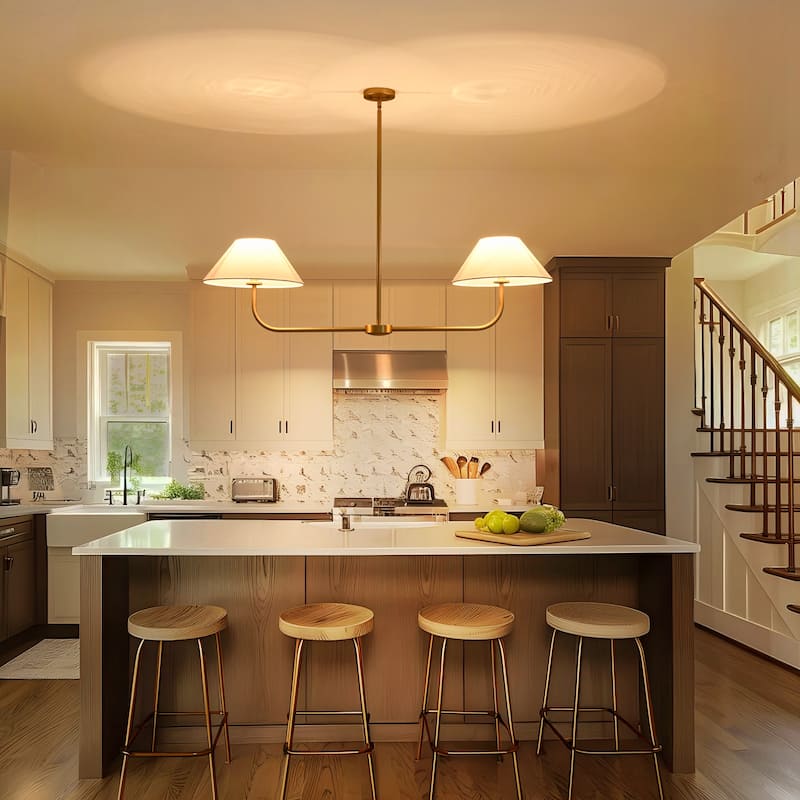 2-Light Modern Black/Gold Linear Fabric Cone Large Pendant Light for Kitchen Island
