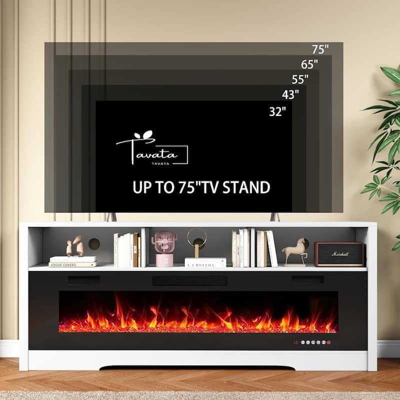 BOSSIN 65" Electric Fireplace TV Stand , Entertainment Center for TVs up to 75" with Open Shelves, Black