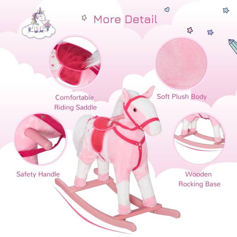 Pink-White Rocking Horse for Kids with Sound Effects Soft Seat and Wooden Frame - 30.75" L x 11" W x 26.75" H
