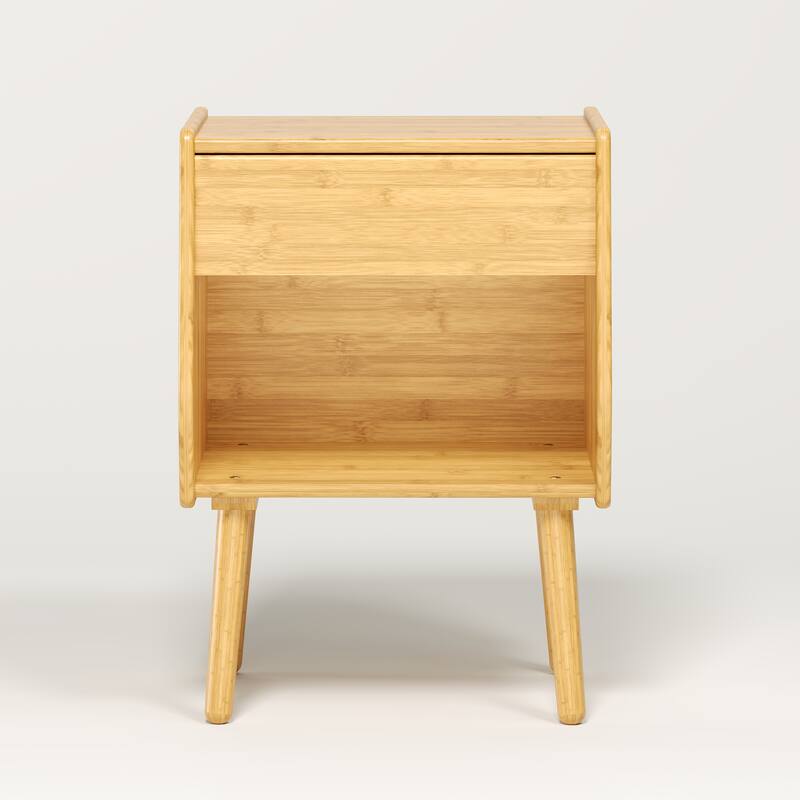 Nightstand With Drawer And Open Compartment, Solid Wood Legs - Brown