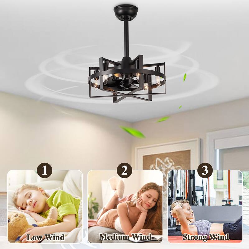 18" Industrial Metal Caged Ceiling Fan with Remote and Light Kit 6-speed Reverisble Chandelier - 17.7 Inch