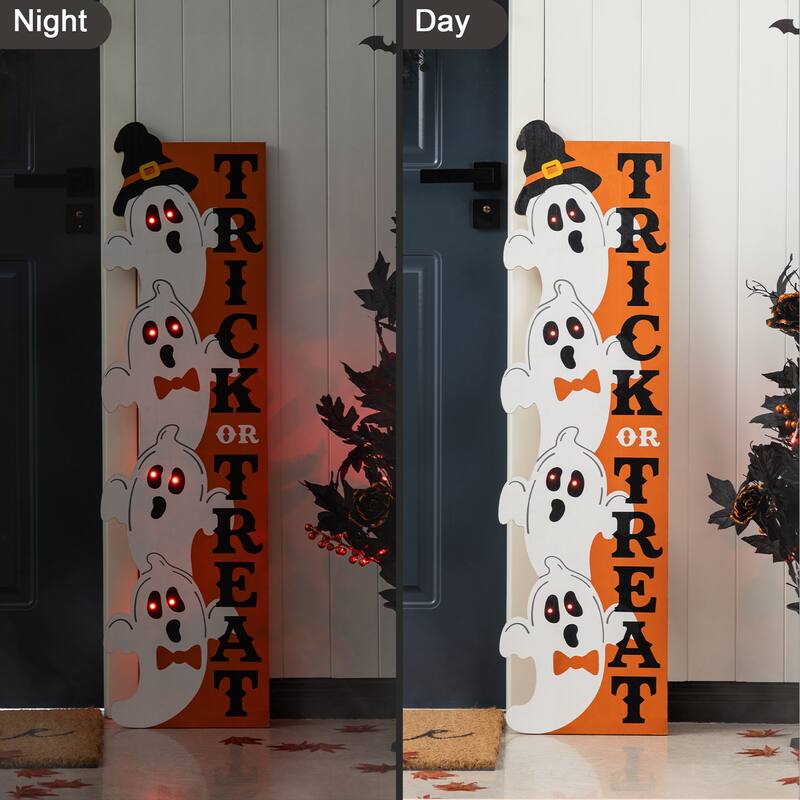 Glitzhome 42"H Lighted Halloween Wood Stacked Ghost with "Trick or Treat" Porch Sign w/Timer