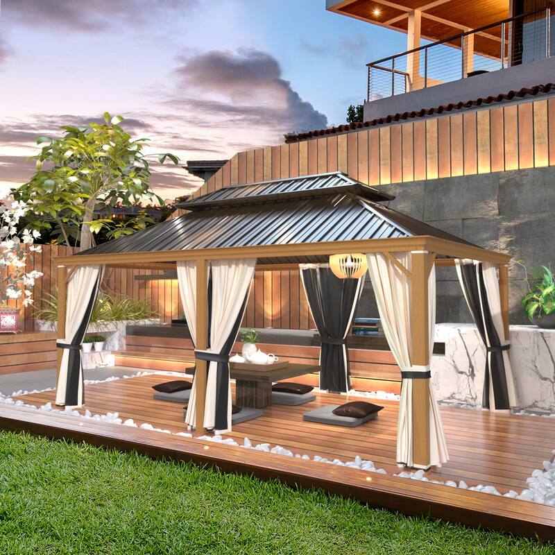 EROMMY Hardtop Gazebo with Galvanized Steel Roof and Curtains, Outdoor Aluminum Pavilion for Patio, Backyard, Lawn