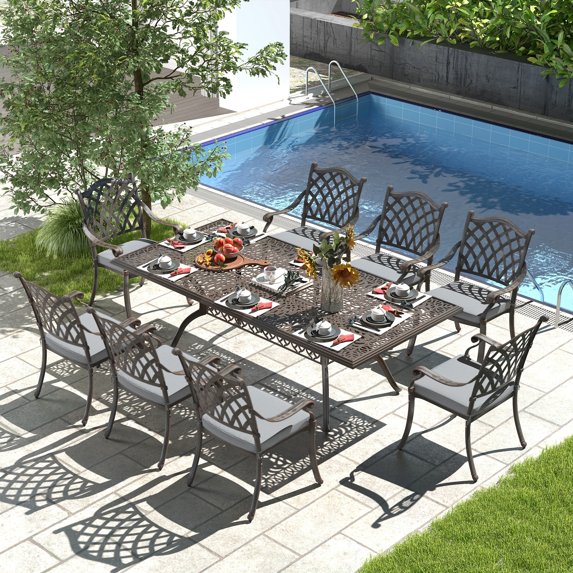 9-Piece Antique Bronze Cast Aluminum Outdoor Dining Set, Patio Table with Umbrella Hole, Stackable Arm Chairs with Cushions