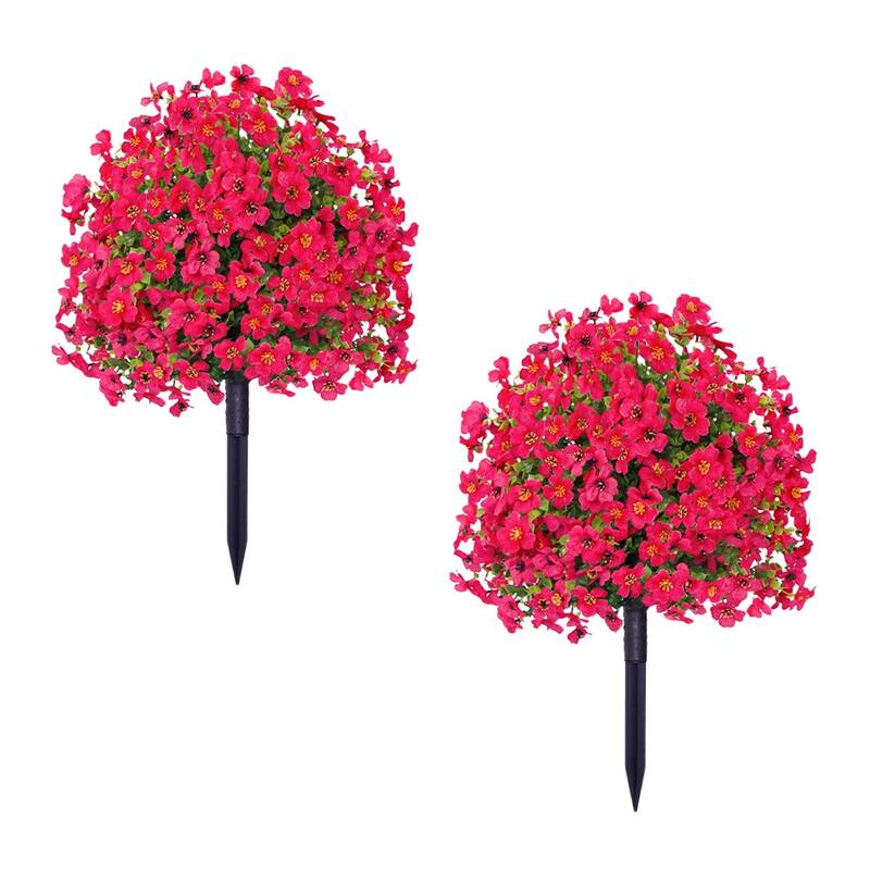 2Pcs Artificial Plant Flowers Bushes for Outdoors with Ground Spike - 15.75 inch - Rose Pink