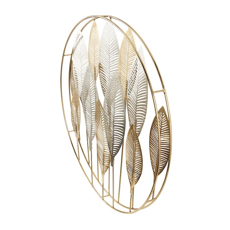 Metal Leaf Metallic Home Wall Decor with Circular Frame and Silver Accents - Gold - Roche River Decor