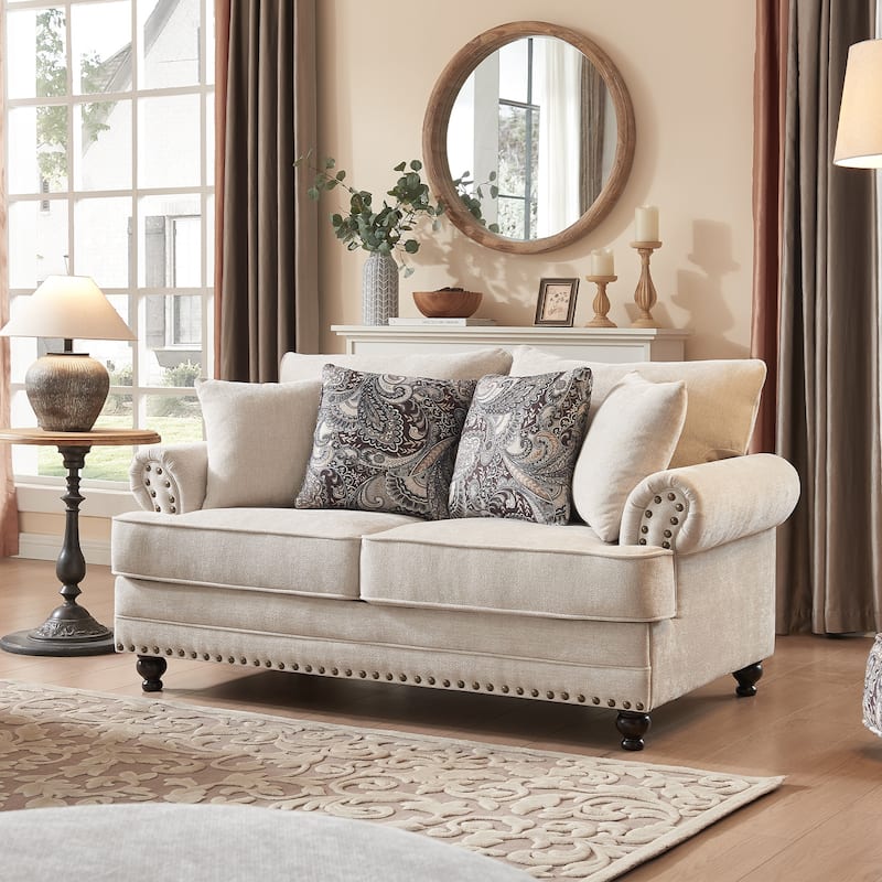 Morden Fort Chenille Fabric Loveseat with Rolled Arm and Nailhead Trim