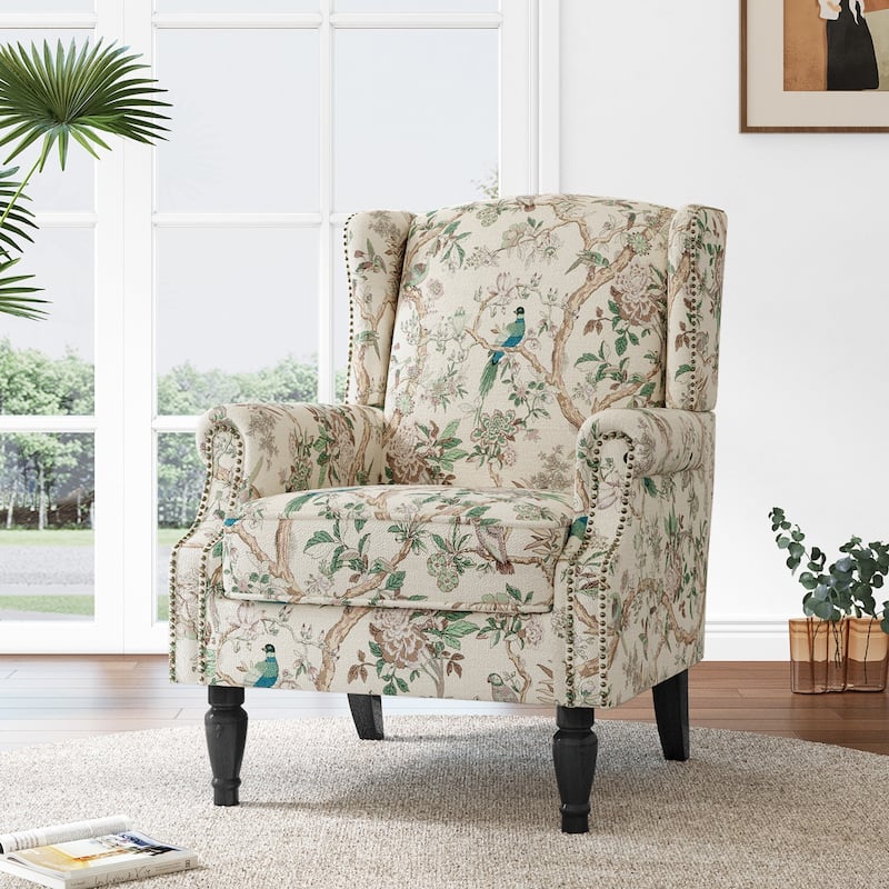 Mid-Century Modern Linen/ Vegan Leather Wing Back Accent Chair - Bird-Linen