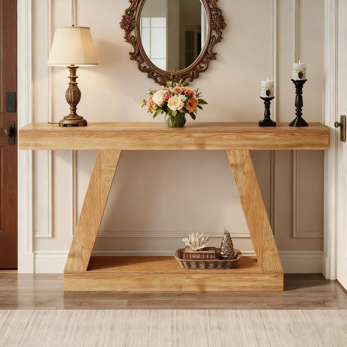 55-Inch Farmhouse Console Table, Rustic Sofa Table with Storage, Industrial Wooden Entryway Table for Hallway, Living Room