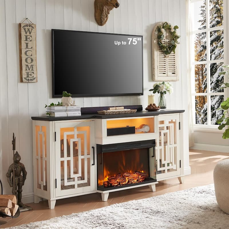 Farmhouse 3-Sided Glass Fireplace TV Stand for 75" TV, Media Console - White