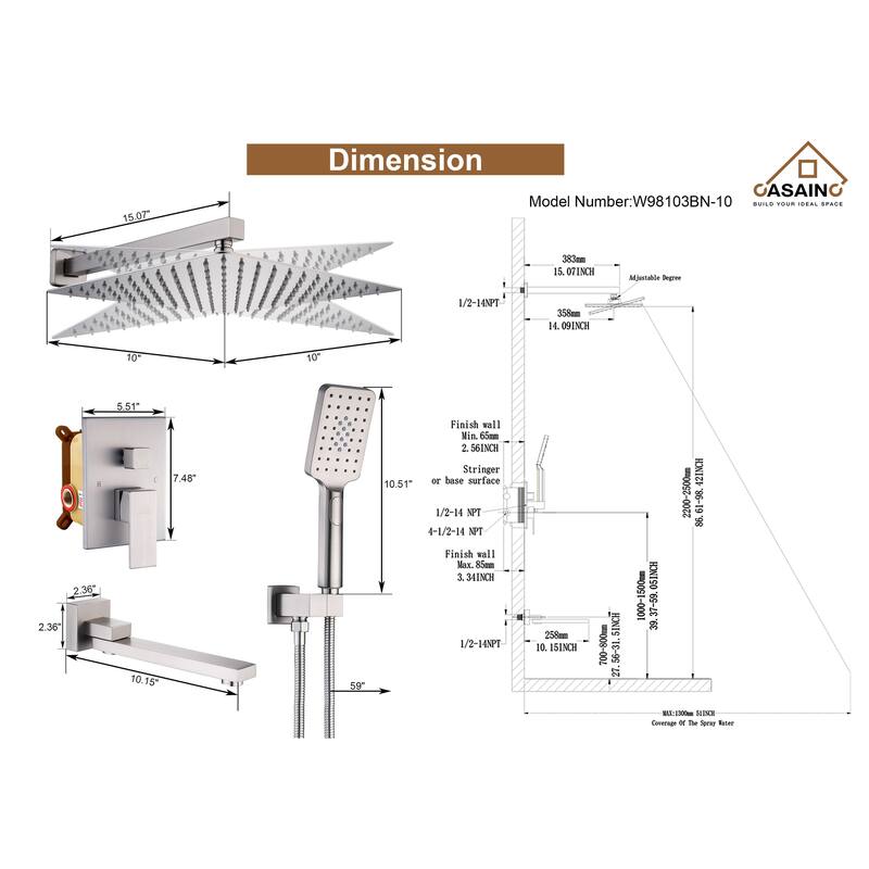 1-Handle 3-Spray Pattern 10 in. Wall Mount Shower Set Shower Head, Tub and Shower Faucet - 10 inch