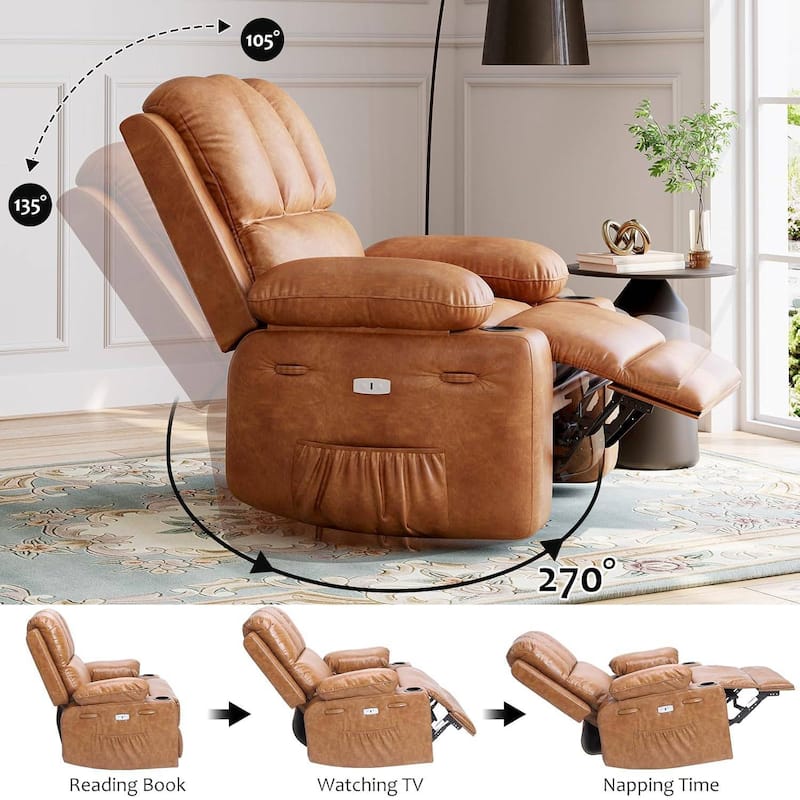 Oversized Leather Power Recliner Sofa Chair with Massage for Living Room Bedroom