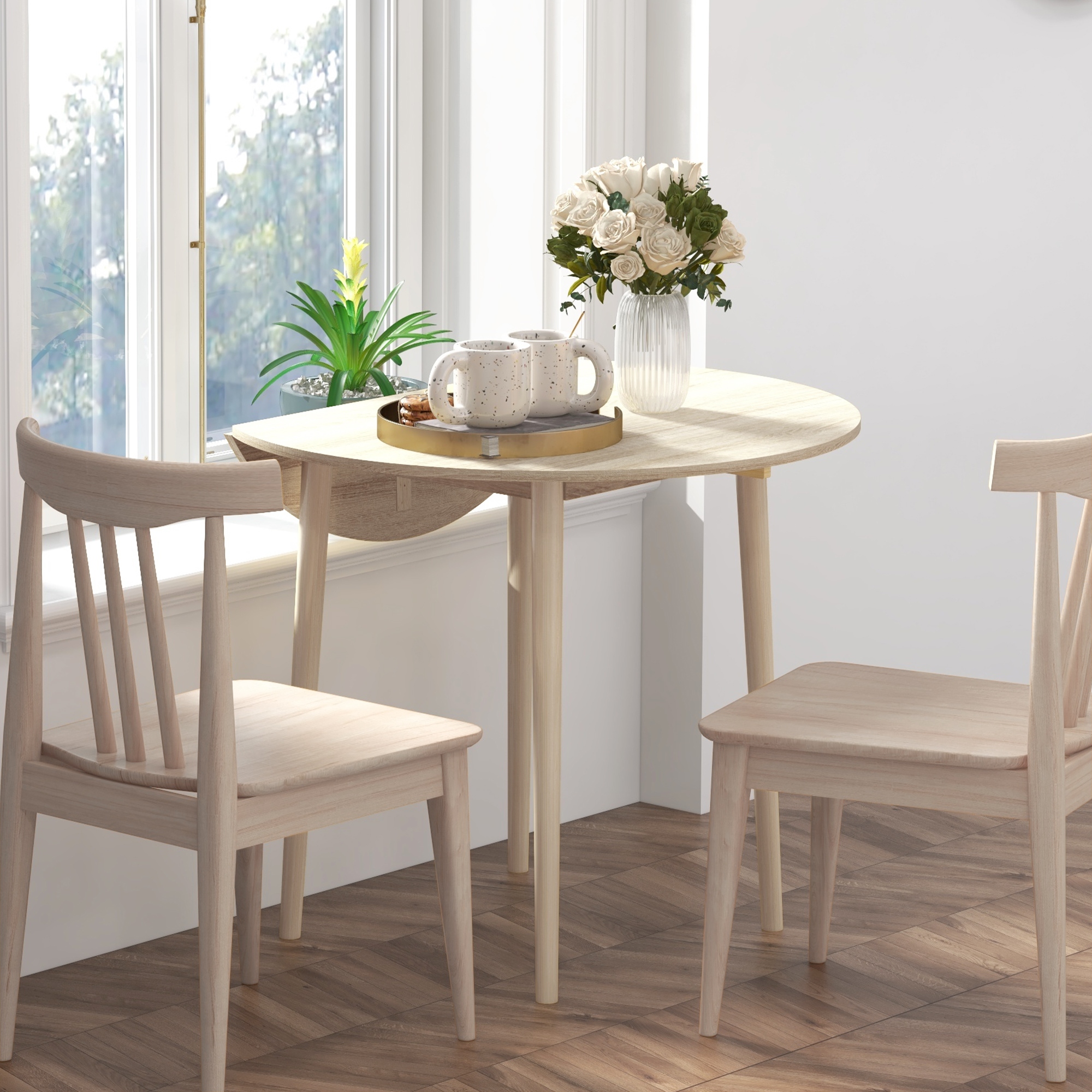 Homcom Foldable Dining Table Round Drop Leaf Table w Wood Legs Oak Color