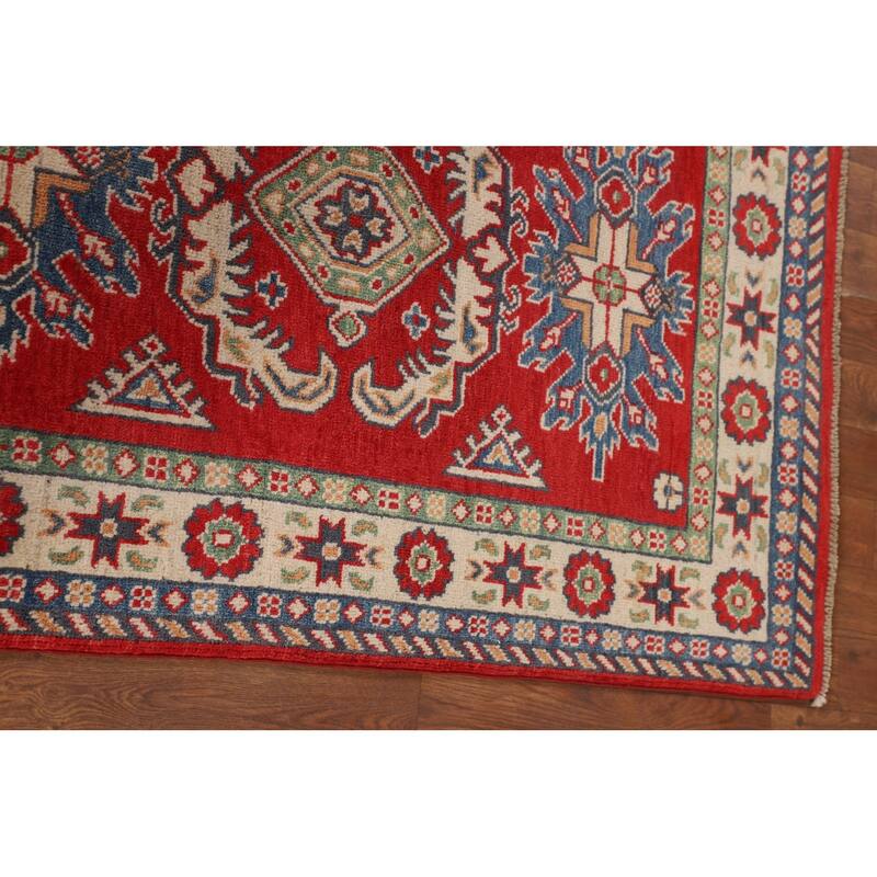 Geometric Red Kazak Foyer Rug Hand-Knotted Wool Carpet - 2'10" x 4'3"