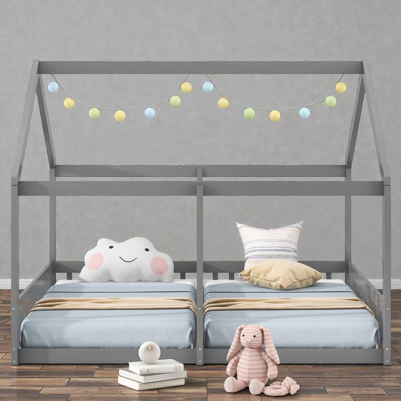 Twin House Platform Bed with Two Shared Beds, Side by Side Kids Bed with Guardrails, No Box Spring